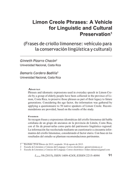 Limon Creole Phrases: a Vehicle for Linguistic and Cultural 1 Preservation