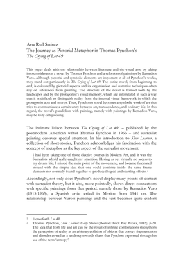 Ana Rull Suárez the Journey As Pictorial Metaphor in Thomas Pynchon’S the Crying of Lot 49