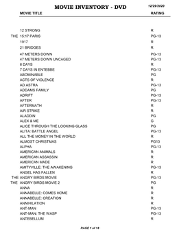 Movie Inventory - Dvd 12/29/2020 Movie Title Rating