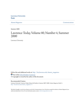 Lawrence Today, Volume 80, Number 4, Summer 2000 Lawrence University
