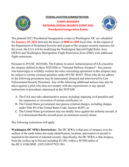 FLIGHT ADVISORY NATIONAL SPECIAL SECURITY EVENT 2021 Presidential Inauguration Events