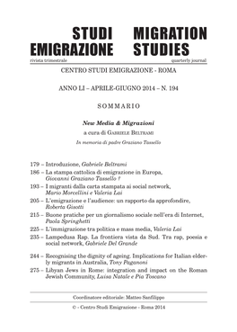 STUDI MIGRATION EMIGRAZIONE STUDIES Rivista Trimestrale Quarterly Journal CENTRO STUDI EMIGRAZIONE - ROMA