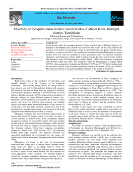 Diversity of Mosquito Fauna in Three Selected Sites of Athoor Taluk