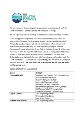 We Are Excited to Share with You the Opportunity to Train to Teach with the South Downs SCITT (School Centred Initial Teacher Training)