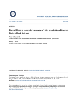 Fishtail Mesa: a Vegetation Resurvey of Relict Area in Grand Canyon National Park, Arizona