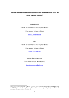 Trafficking of Women from Neighboring Countries Into China for Marriage Within the Context of Gender Imbalance1