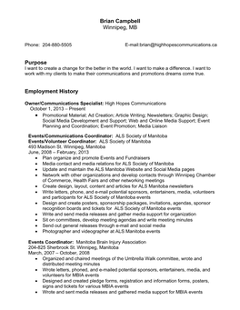 Brian Campbell Winnipeg, MB Purpose Employment History