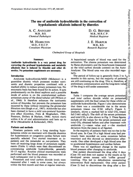 The Use of Amiloride Hydrochloride in the Correction of Hypokalaemic Alkalosis Induced by Diuretics A. C. ANTCLIFF M. HAMILTON J