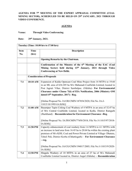 AGENDA for 7 Th MEETING of the EXPERT APPRAISAL COMMITTEE (COAL MINING SECTOR), SCHEDULED to BE HELD on 29Th JANUARY, 2021 THROU