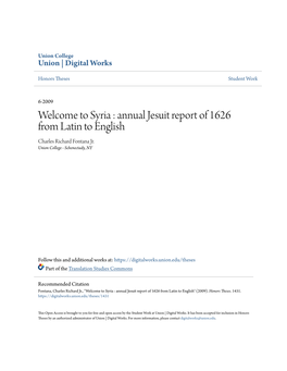 Welcome to Syria : Annual Jesuit Report of 1626 from Latin to English Charles Richard Fontana Jr