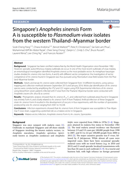 Singapore's Anopheles Sinensis Form a Is Susceptible to Plasmodium