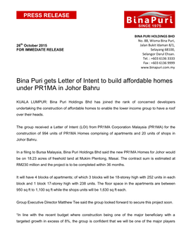 Bina Puri Gets Letter of Intent to Build Affordable Homes Under PR1MA in Johor Bahru