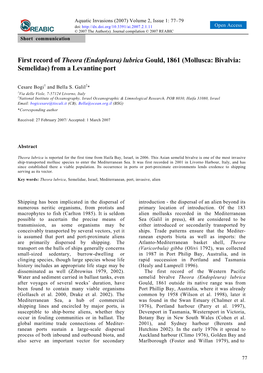 First Record of Theora (Endopleura) Lubrica Gould, 1861 (Mollusca: Bivalvia: Semelidae) from a Levantine Port