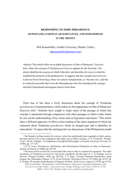 Responding to John Philoponus: Hypostases, Particular Substances, and Perichoresis in the Trinity