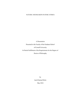 NATURE and REASON in STOIC ETHICS a Dissertation Presented To