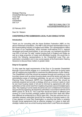 Strategic Planning Chesterfield Borough Council Town Hall Rose Hill Chesterfield S40 1LP SENT by E-MAIL ONLY to Local.Plan@Chesterfield.Gov.Uk 22 February 2019