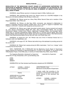 Resolution of the Mendocino County Board of Supervisors Supporting the Dedication of Memorial Bridge No