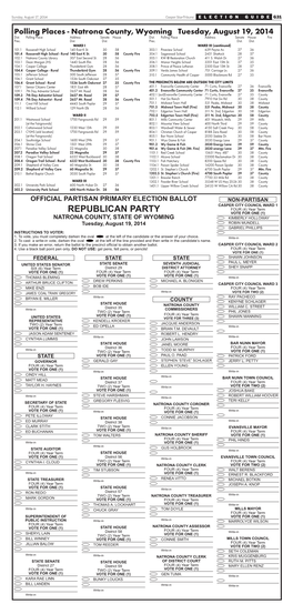 Republican Party VOTE for ONE (1) Natrona County, State of Wyoming Kimberly HOLLOWAY Tuesday, August 19, 2014 Robin Mundell Gabriel Phillips Instructions to VOTER: 1