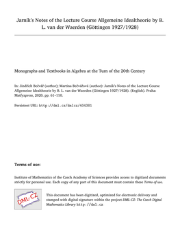 Jarník's Notes of the Lecture Course Allgemeine Idealtheorie by B. L