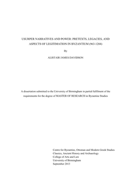 Usurper Narratives and Power: Pretexts, Legacies, and Aspects of Legitimation in Byzantium (963-1204)