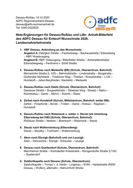 Netz-Ergänzungen Für Dessau-Roßlau Und Ldkr. Anhalt-Bitterfeld Des ADFC Dessau Für Entwurf Wunschnetz 2020, Landesradverkehrsnetz