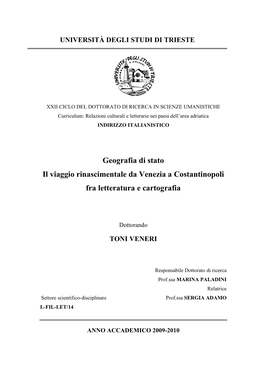 Geografia Di Stato Il Viaggio Rinascimentale Da Venezia a Costantinopoli Fra Letteratura E Cartografia