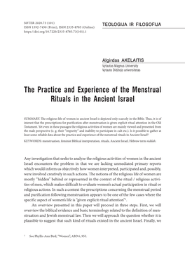 The Practice and Experience of the Menstrual Rituals in the Ancient Israel