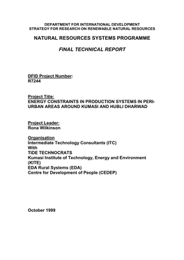 Department for International Development Strategy for Research on Renewable Natural Resources