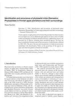 Identification and Occurrence of Phytoseiid Mites (Gamasina: Phytoseiidae) in Finnish Apple Plantations and Their Surroundings