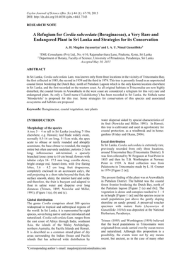 A Refugium for Cordia Subcordata (Boraginaceae), a Very Rare and Endangered Plant in Sri Lanka and Strategies for Its Conservation