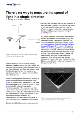 There's No Way to Measure the Speed of Light in a Single Direction 11 January 2021, by Brian Koberlein