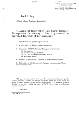 Government Intervention Into Saami Reindeer- Management in Norway: Has It Prevented Or Provoked Tragedies of the Commons' ?