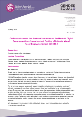 Oral Submission to the Justice Committee on the Harmful Digital Communications (Unauthorised Posting of Intimate Visual Recording) Amendment Bill 305-1