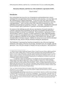 1 Research, Libraries, and Fair Use: the Gentlemen's Agreement of 1935 Peter B. Hirtle Introduction New Technologies That Lowe