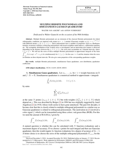 Multiple Hermite Polynomials and Simultaneous Gaussian Quadrature∗