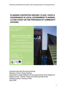 Planning Contested Ground: Place Voice and Governance in Local Government