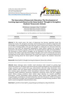 The Innovation of Democratic Education: the Development of Learning Approach Based on the Sutan Syahrir’ Thought to Strengthen Students’ Democratic Attitude