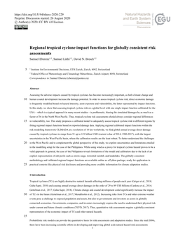 Regional Tropical Cyclone Impact Functions for Globally Consistent Risk Assessments Samuel Eberenz1,2, Samuel Lüthi1,2, David N