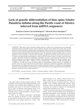 Lack of Genetic Differentiation of Blue Spiny Lobster Panulirus Inflatus Along the Pacific Coast of Mexico Inferred from Mtdna Sequences