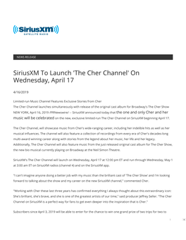 Siriusxm to Launch 'The Cher Channel' on Wednesday, April 17