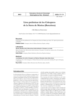 Lista Preliminar De Los Coleoptera De La Sierra De Marina (Barcelona)