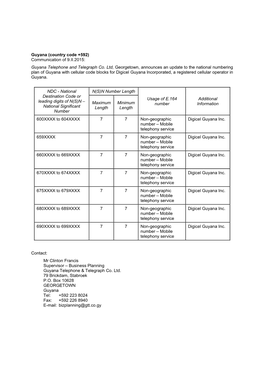 Guyana (Country Code +592) Communication of 9.II.2015: Guyana Telephone and Telegraph Co