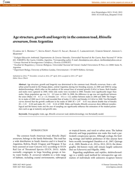 Age Structure, Growth and Longevity in the Common Toad, Rhinella Arenarum, from Argentina