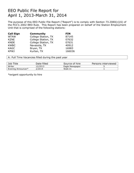 EEO Public File Report for April 1, 2013-March 31, 2014