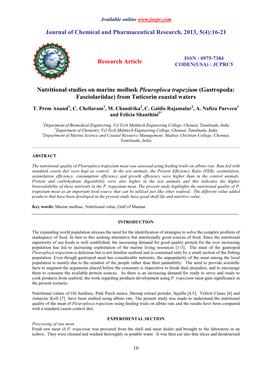 Nutritional Studies on Marine Mollusk Pleuroploca Trapezium (Gastropoda: Fasciolariidae) from Tuticorin Coastal Waters