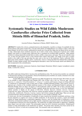 Systematic Studies on Wild Edible Mushroom Cantharellus Cibarius Fries Collected from Shimla Hills of Himachal Pradesh, India