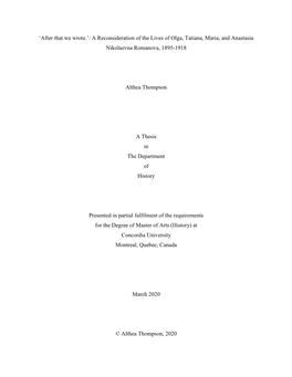 A Reconsideration of the Lives of Olga, Tatiana, Maria, and Anastasia Nikolaevna Romanova, 1895-1918