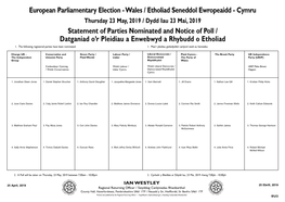 Statement of Parties Nominated and Notice of Poll / Datganiad O’R Pleidiau a Enwebwyd a Rhybudd O Etholiad 1