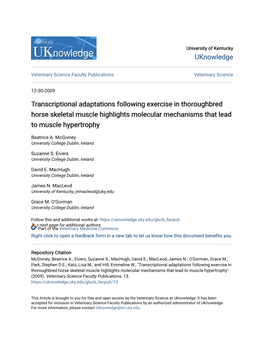 Transcriptional Adaptations Following Exercise in Thoroughbred Horse Skeletal Muscle Highlights Molecular Mechanisms That Lead to Muscle Hypertrophy