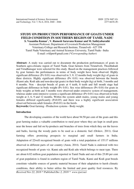 Study on Production Performance of Goats Under Field Condition in Southern Region of Tamil Nadu S